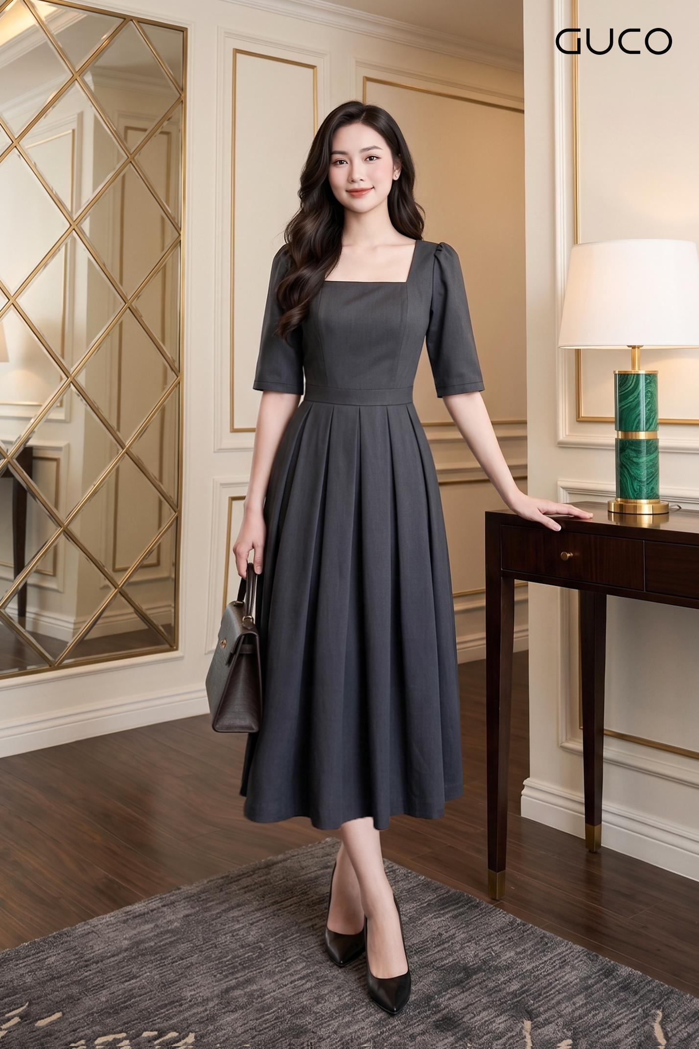Đầm Xòe Xám Cổ Vuông Tùng Xếp Li