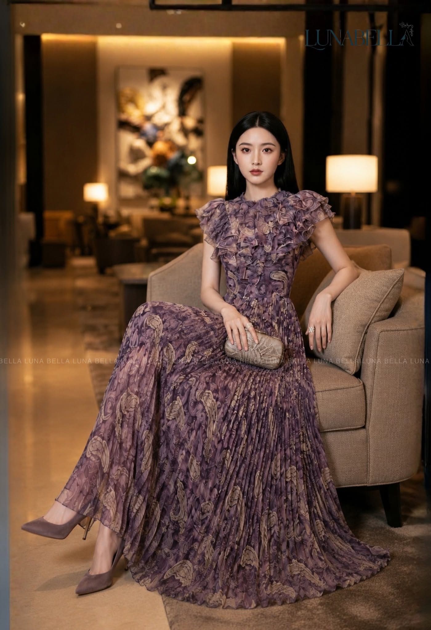Váy voan lụa xếp li cổ bèo GREESA màu TÍM_thumbnail_1
