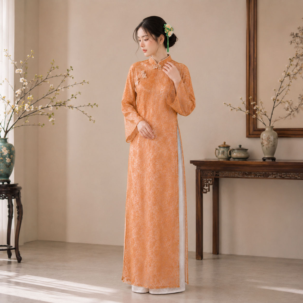 Áo Dài Cách Tân Nữ Dáng Suông Vải Ren 4 Tà Tay Dài CT27-02_thumbnail_1