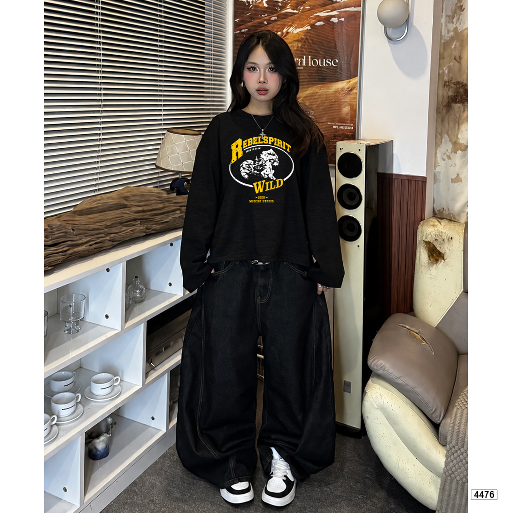 Áo thun nữ tay dài form boxy Miucho cotton xược cổ tròn Hàn Quốc 4476_thumbnail_2