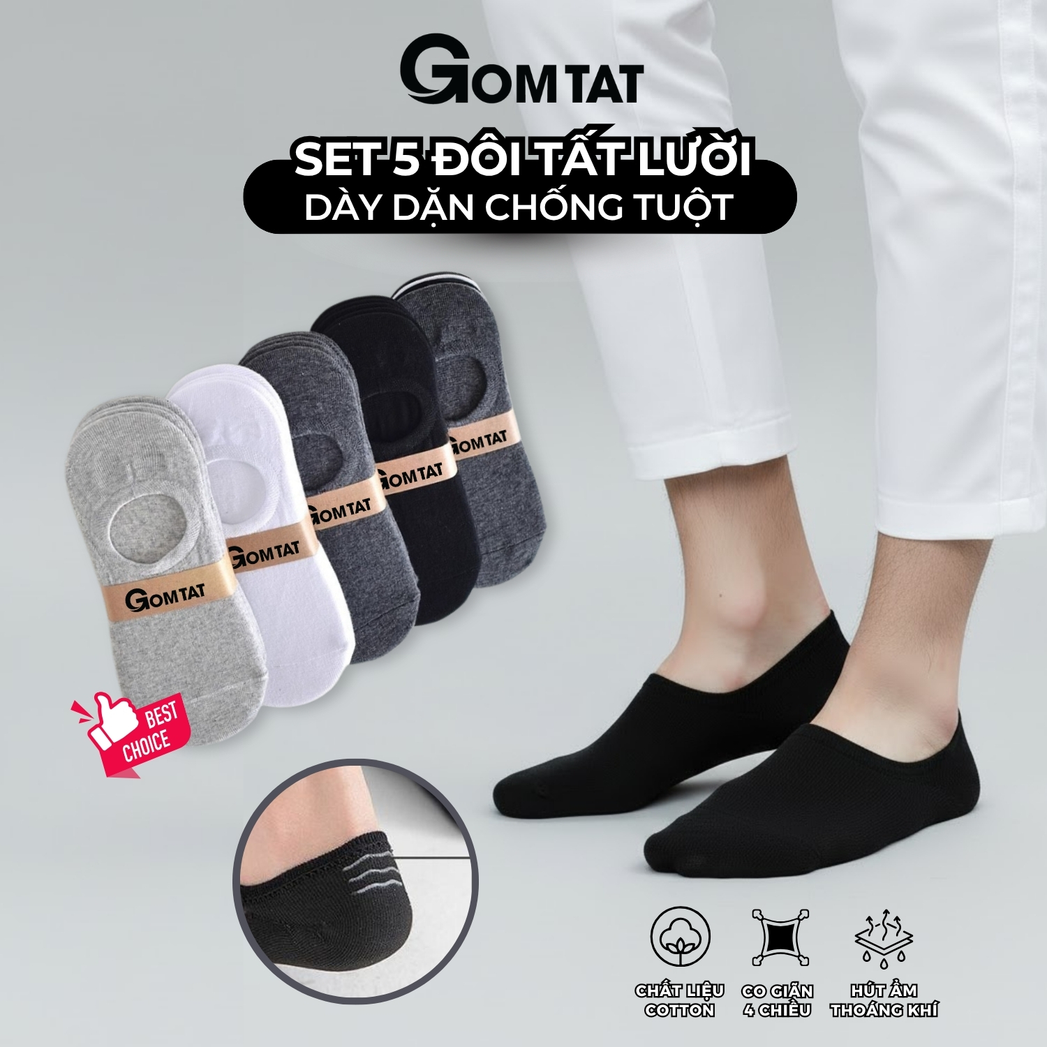 Combo 5 đôi tất lười nam chống tuột gót GOMTAT chất cotton thoáng mát cho mùa hè - MIA-180423-CB5