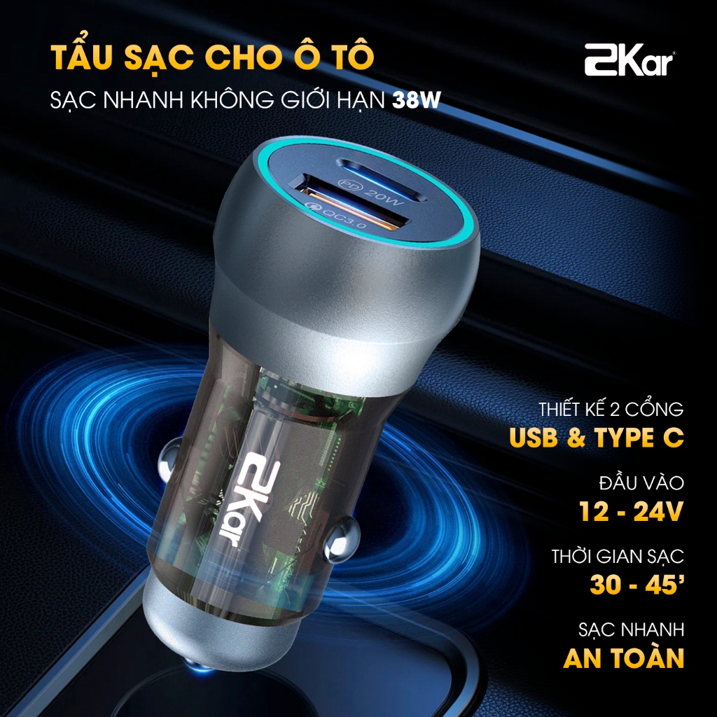 Tẩu Sạc Nhanh Ô Tô 2Kar 38W 2 Cổng USB & Type-C Chính Hãng_thumbnail_1
