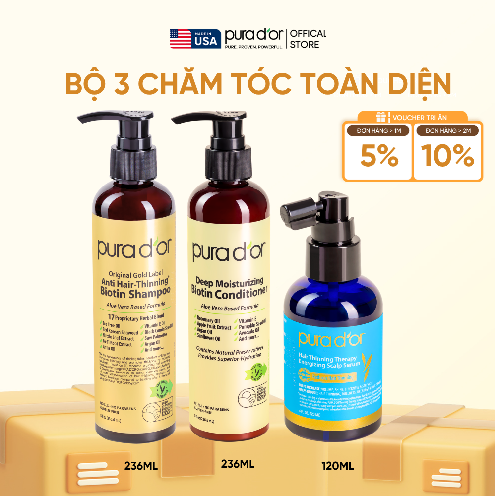 Combo 3 Bước Dầu Gội, Dầu Xả, Giảm Rụng Tóc Organic Pura D'or Biotin Gold Label 236ML | Chăm Sóc Tóc, Chăm Sóc Da Đầu, Dưỡng Tóc, Hỗ Trợ Mọc Tóc