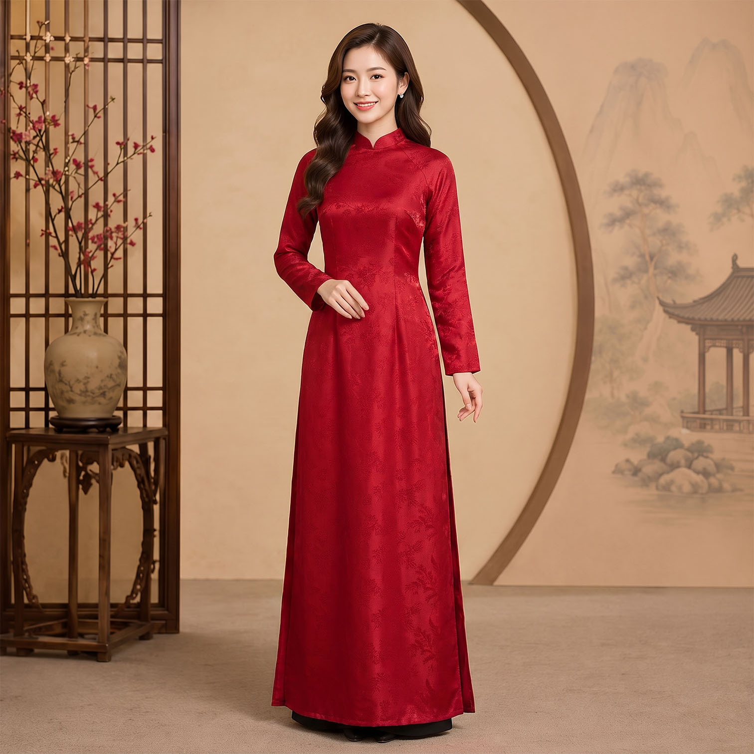 Áo Dài Truyền Thống Nữ Gấm Trúc Đào Thanh Lịch Mặc Lễ, Tết, Chụp Ảnh TT26-03_thumbnail_2