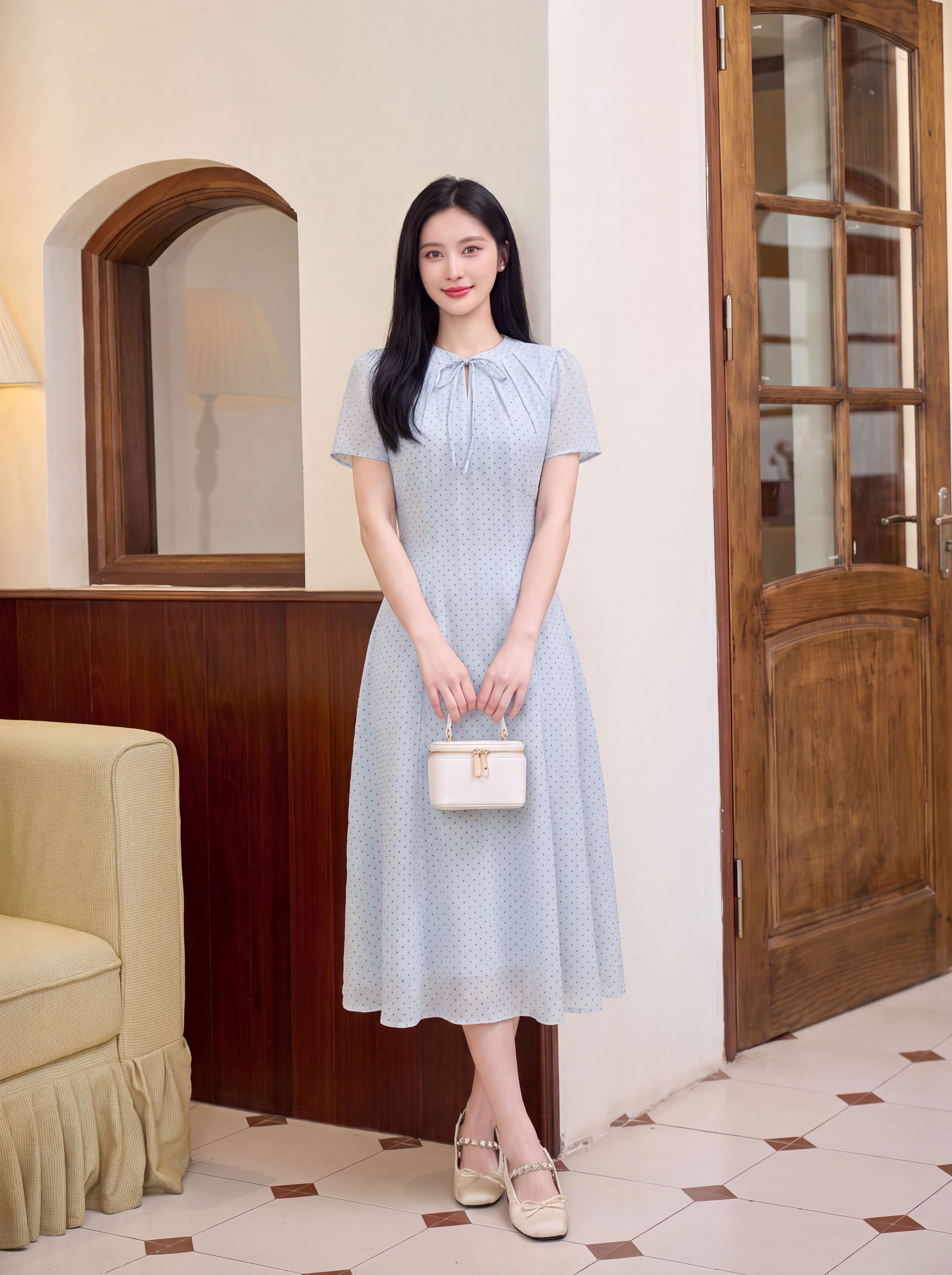 Váy cộc tay cổ thắt nơ 607010_thumbnail_3