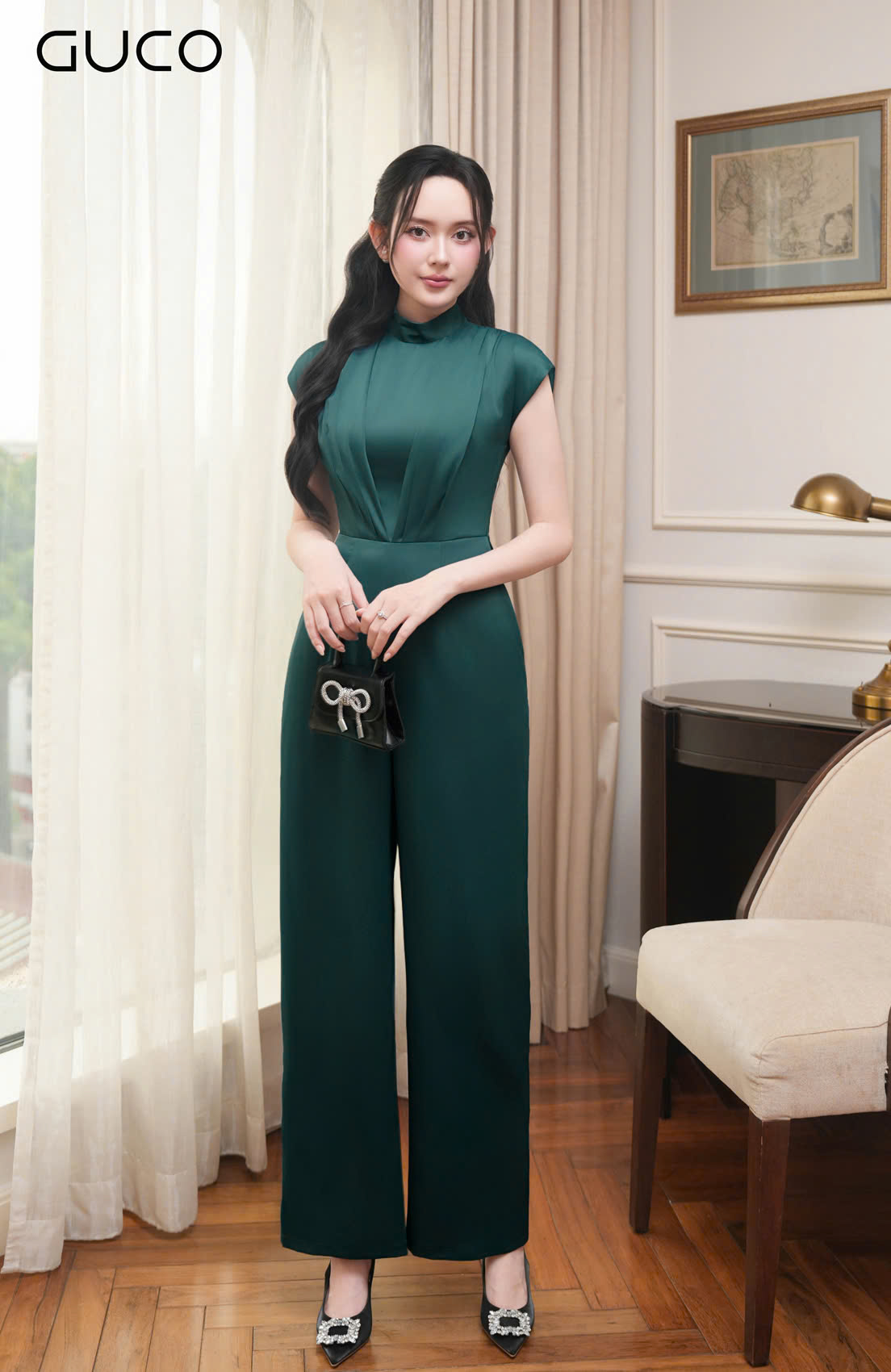 JUMPSUIT LỤA CỔ LỌ TAY DƠI - XANH