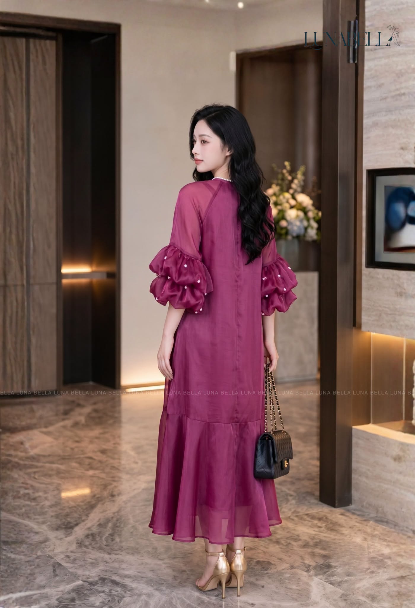 Váy suông tay bèo đính ngọc PEGGY màu TÍM BERRY