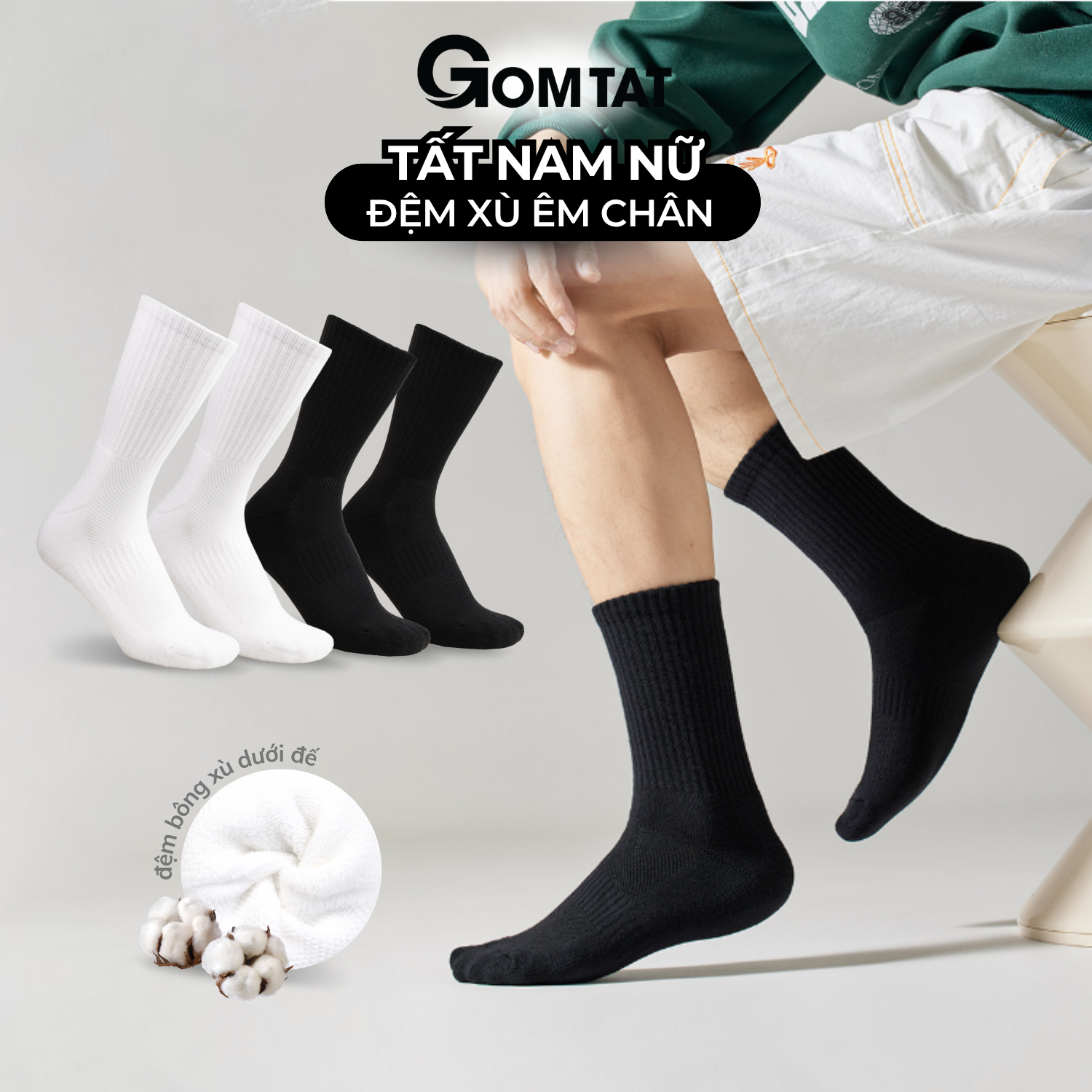 Combo tất cổ cao, cổ trung nam nữ GOMTAT, chất liệu cotton đệm xù êm chân - TATXU-TRON