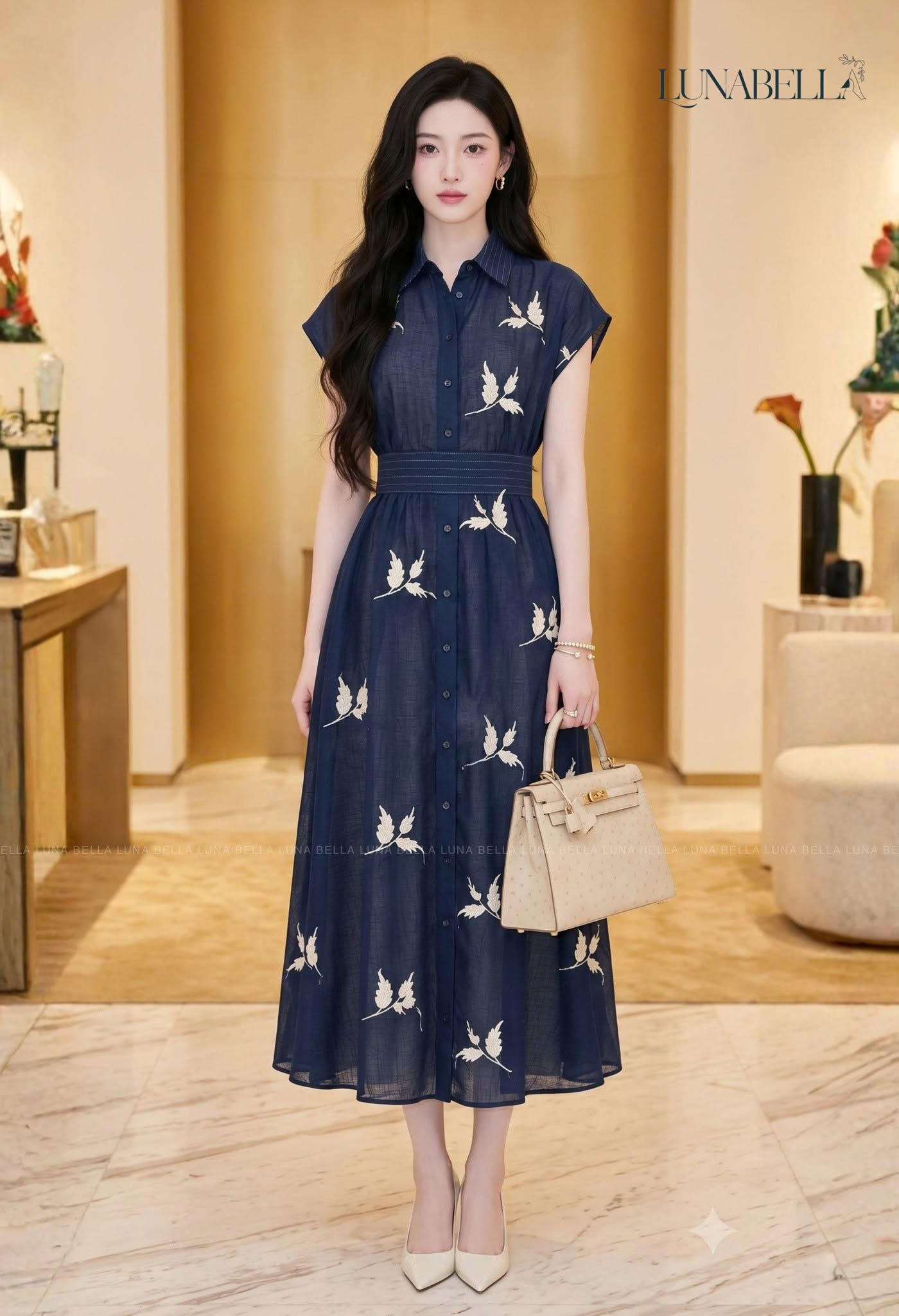 Váy sơ mi dài CAROL hoạ tiết thêu màu XANH
