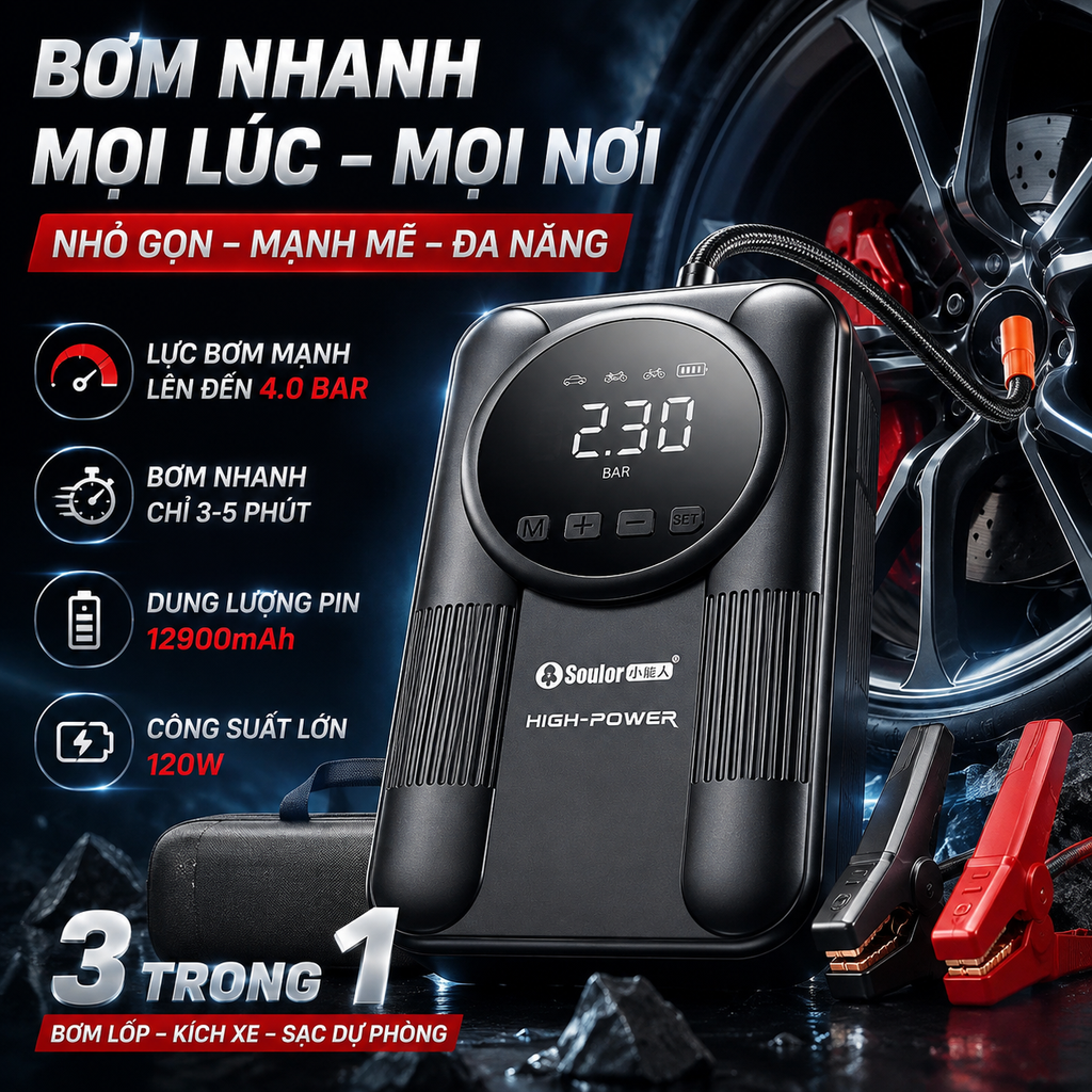 Bộ Kích Bình Bơm Lốp Ô Tô SOULOR V3 12.900mAh (4-in-1)
