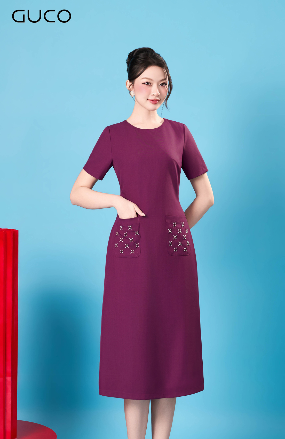 Đầm Suông Tím Hồng Hai Túi Đính Đá_thumbnail_2