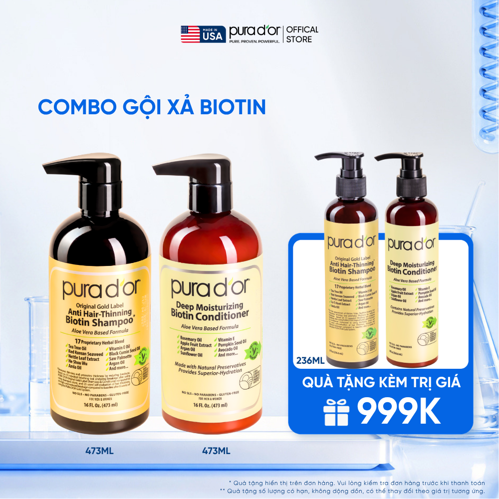 Combo Gội - Xả Biotin Pura D'or Original Gold Label & Deep Moisturizing Chăm Sóc Da Đầu, Dưỡng Ẩm Chuyên Sâu 473ml