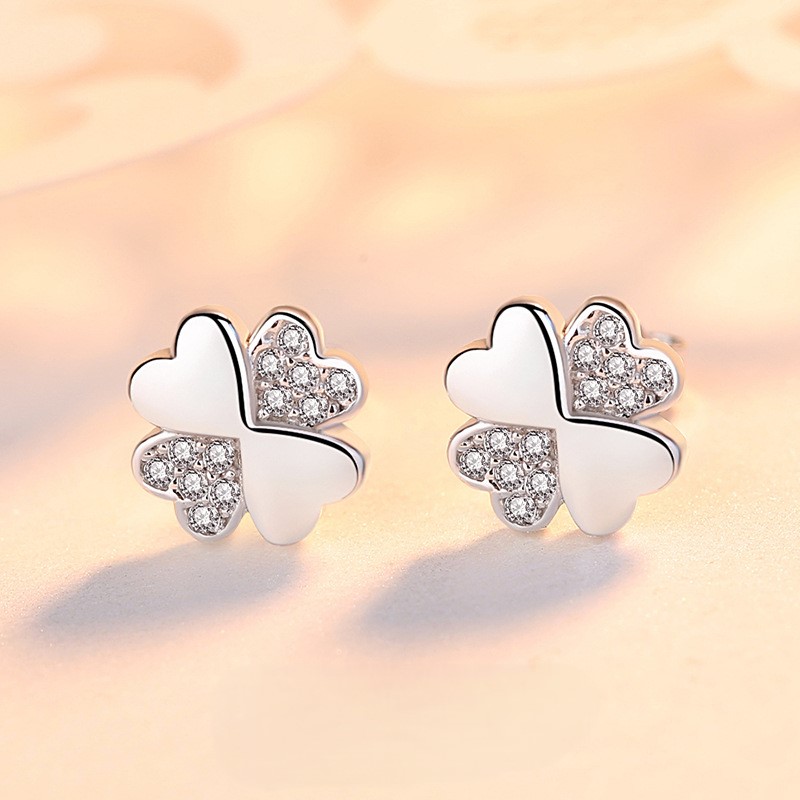 Bông Tai Bạc S925 Mẫu Cỏ Bốn Lá Đính Đá Zircon May Mắn HTT052