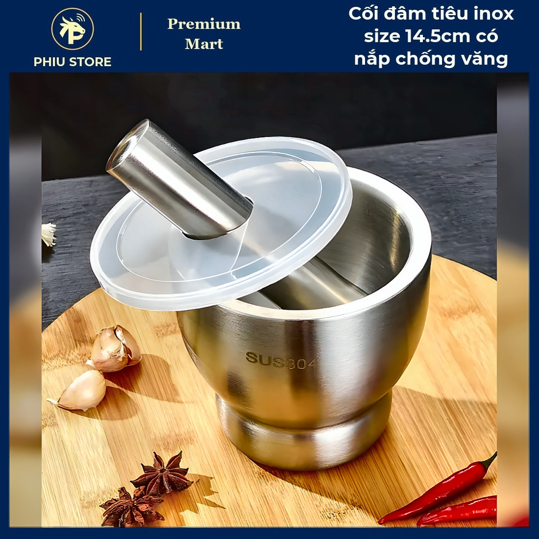 Cối Chày Đâm Tiêu - Cối Đâm Tiêu Inox Size 14.5cm có Nắp Chống Văng, Cối Giã Cua Inox - PHIU STORE_thumbnail_5