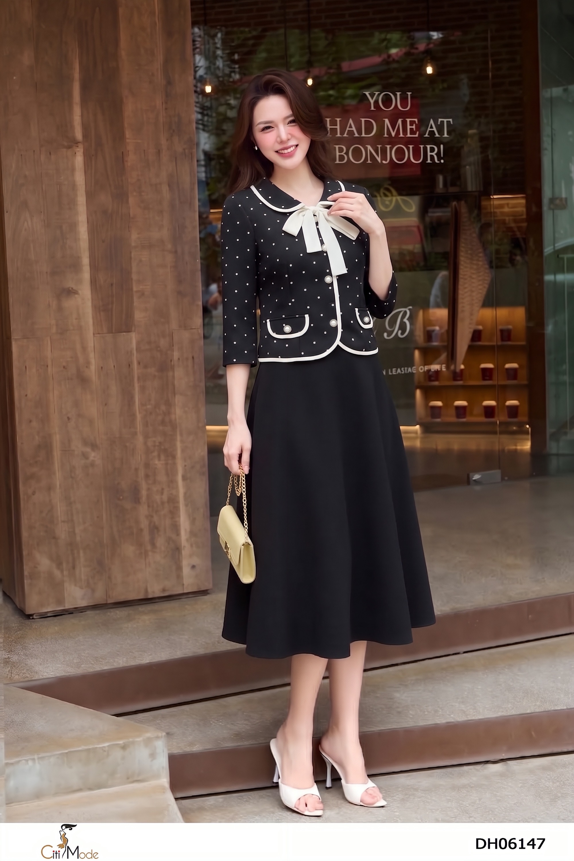 Đầm xòe đen phối chấm bi đen cổ sen nơ cách điệu_thumbnail_2