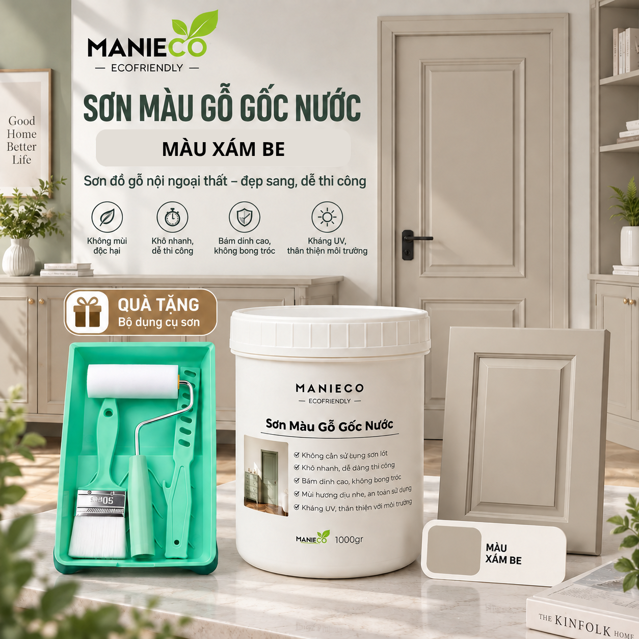 Màu Xám Be - Sơn Gỗ Gốc Nước Đổi Màu Manieco 1KG - Nội Ngoại Thất, Che Phủ Hoàn Toàn, Không Mùi