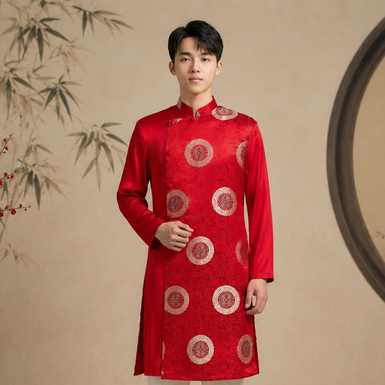 Áo Dài Nam Cách Tân Taffeta Họa Tiết Chữ Thọ Cao Cấp NA26-19_thumbnail_2