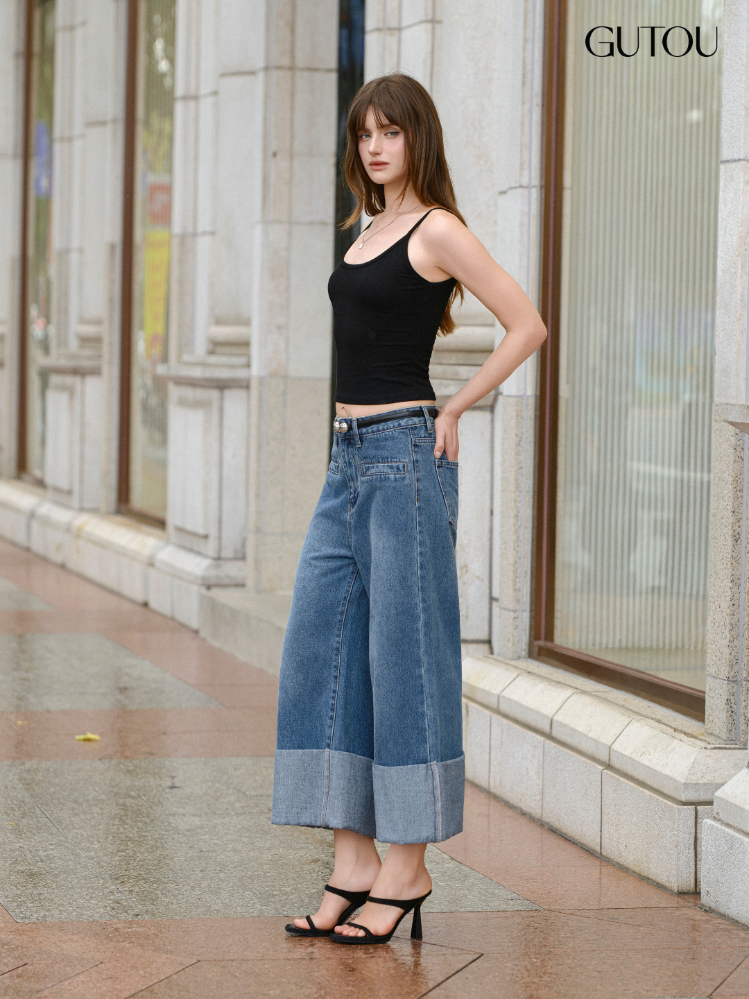 [ GUTOU ] Quần Jean Suông Lai Gập Túi Kiểu Casual Streetwear