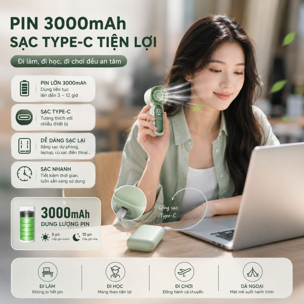 Quạt Cầm Tay Mini Kachi MK441 - Pin Khủng 3000mAh, Màn Hình LED Hiển Thị, 6 Cấp Độ Gió (Bảo Hành 18 Tháng)_thumbnail_5