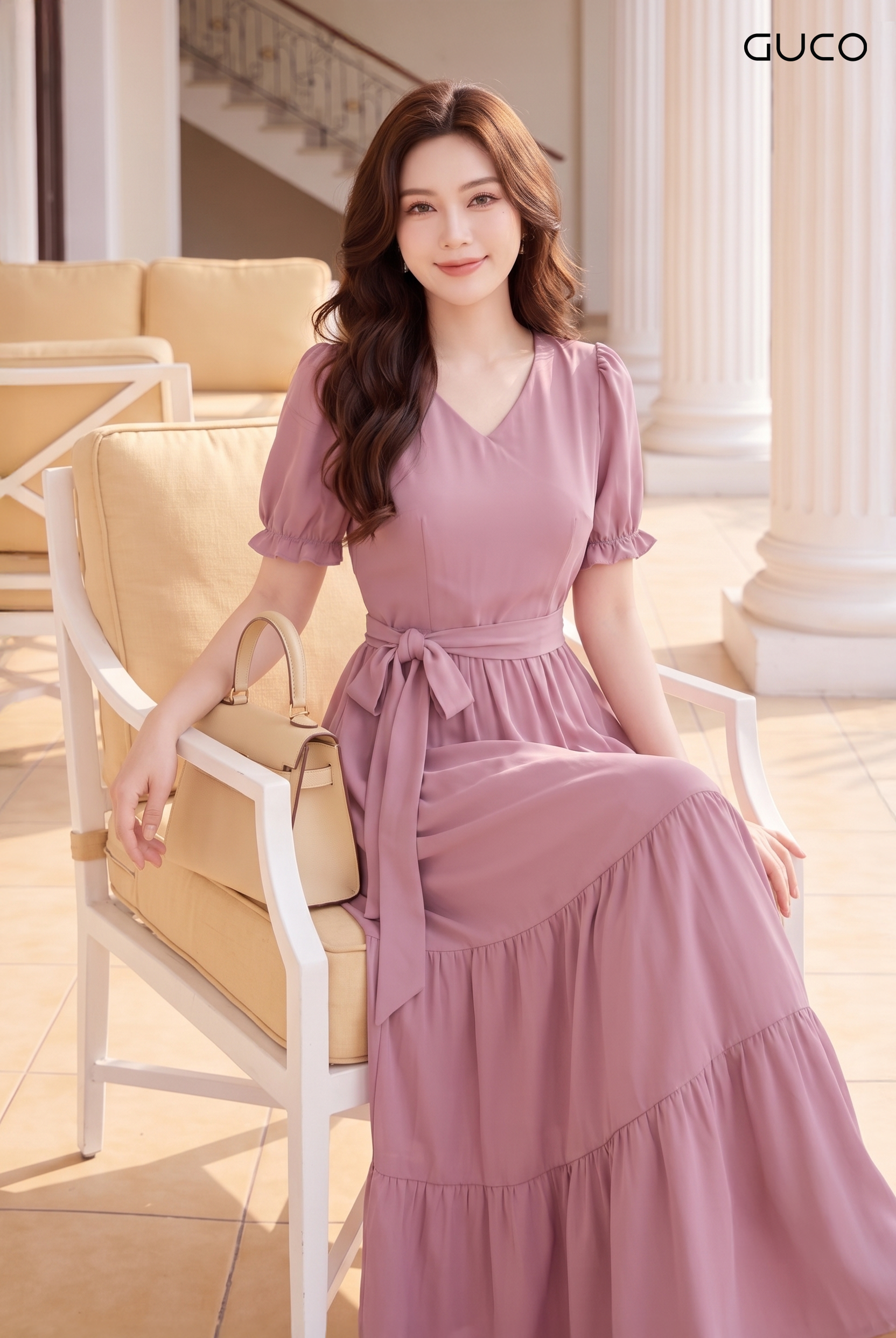 Đầm Maxi Hồng Tay Phồng Xếp Tầng Thắt Nơ_thumbnail_3