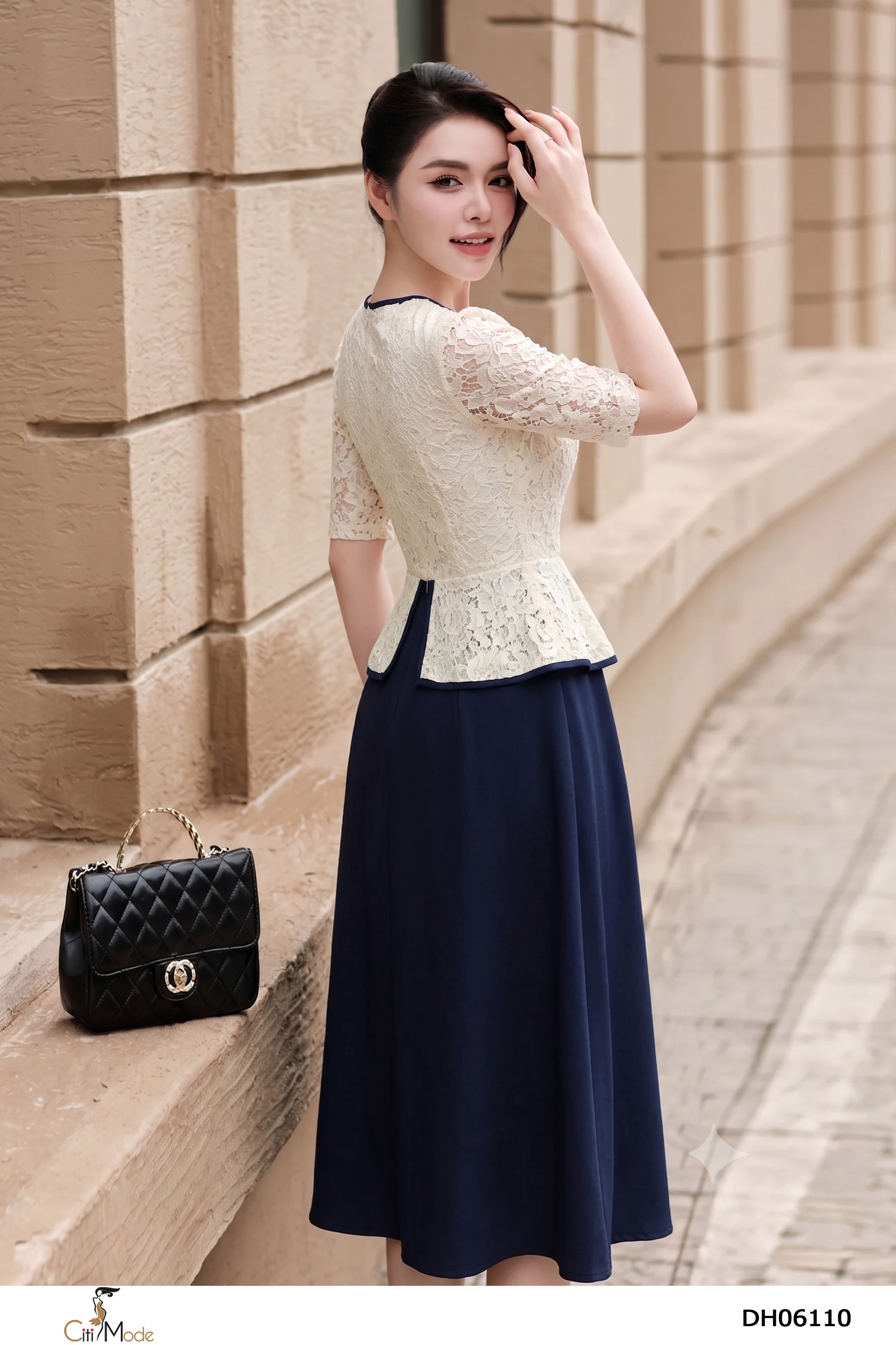 Đầm xòe peplum xanh đen phối ren kem vai đính hoa tay lỡ_thumbnail_4