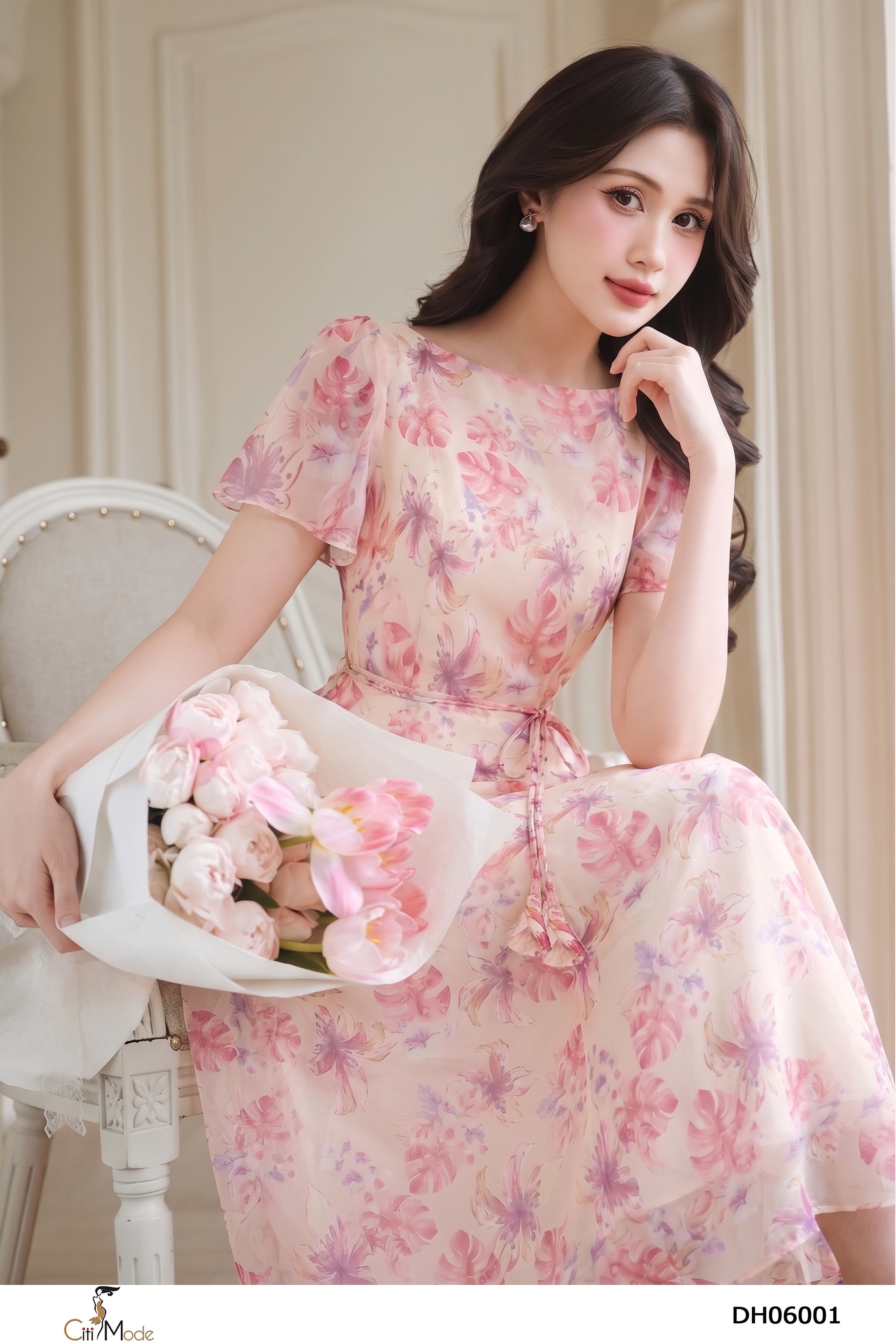 Đầm xòe hồng cổ thuyền thắt đai