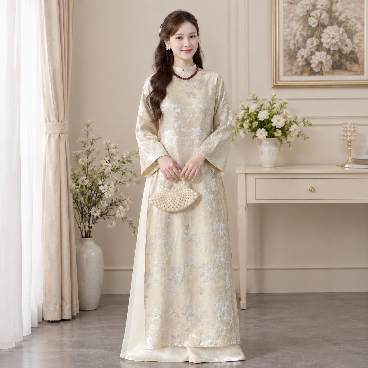 Áo Dài Cách Tân Nữ Dáng Suông Gấm Haiza Họa Tiết 2 Tà CT27-01
