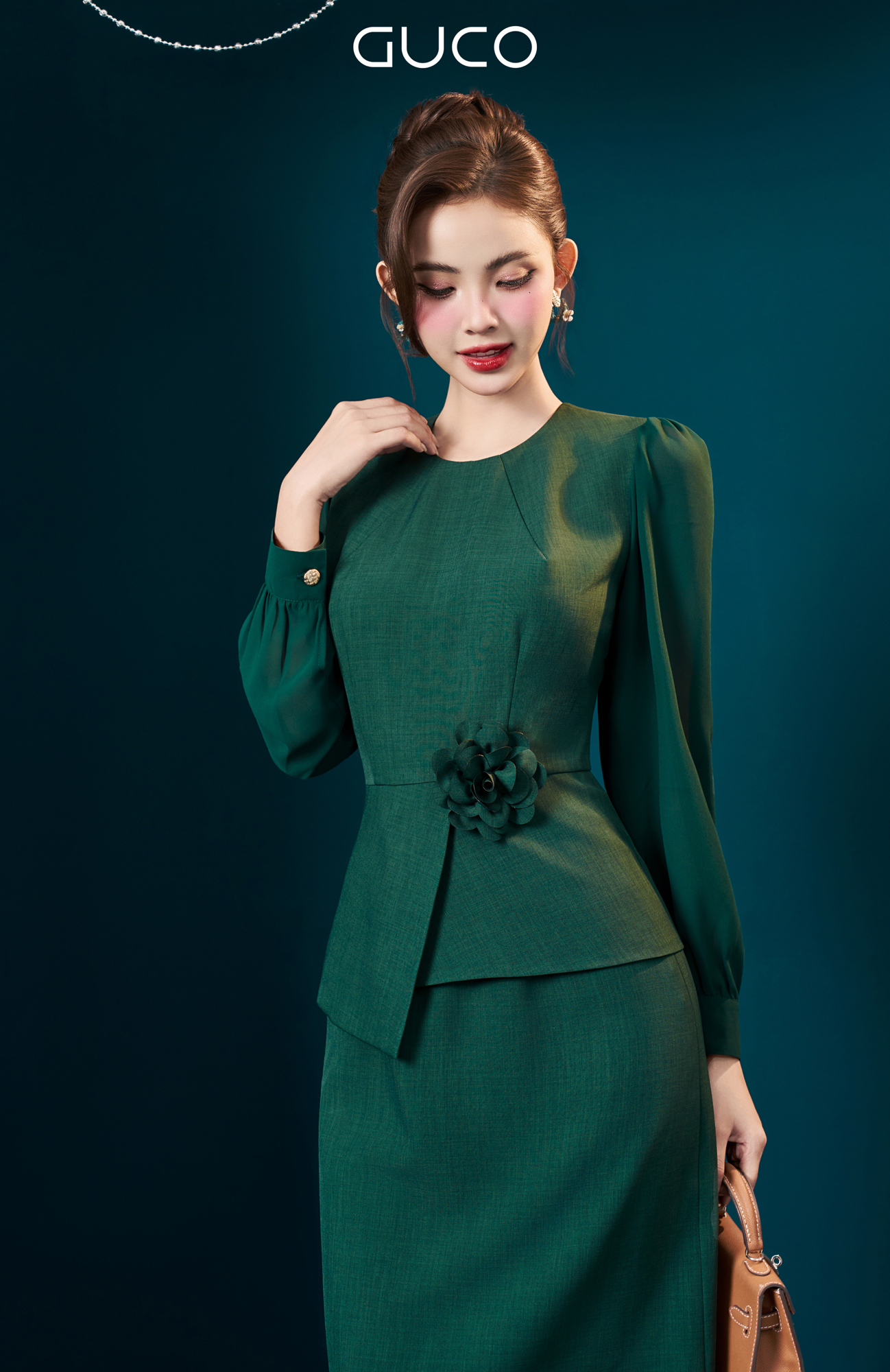 ĐẦM PEPLUM CỔ TRÒN TAY DÀI PHỐI VOAN - XANH LÁ_thumbnail_1