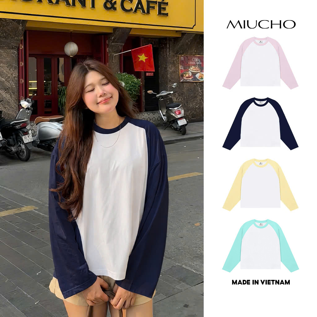 Áo thun nữ tay dài raglan phối màu form boxy trơn Miucho AT00076