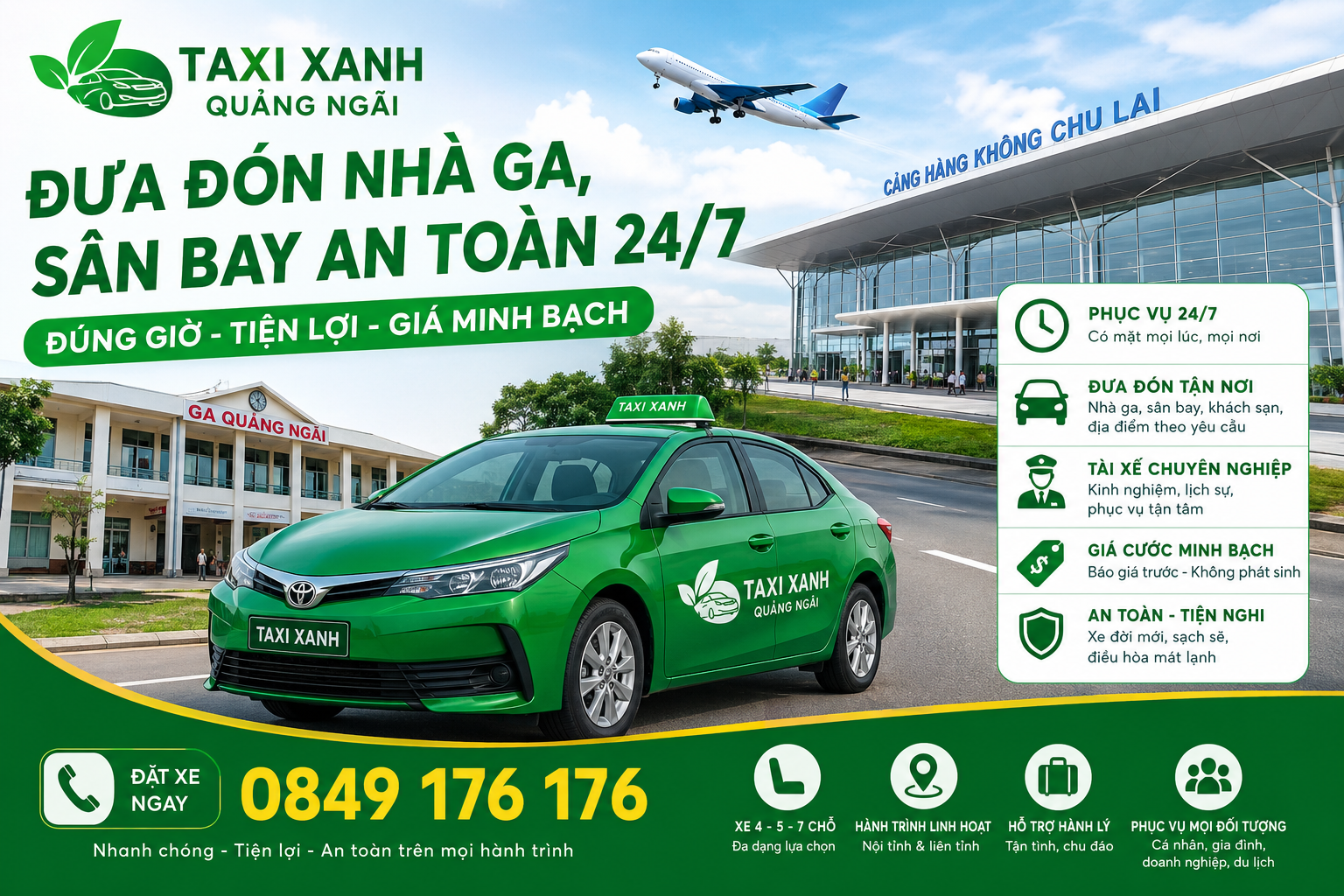 Taxi Xanh Quảng Ngãi Đưa Đón Nhà Ga, Sân Bay An Toàn 24/7