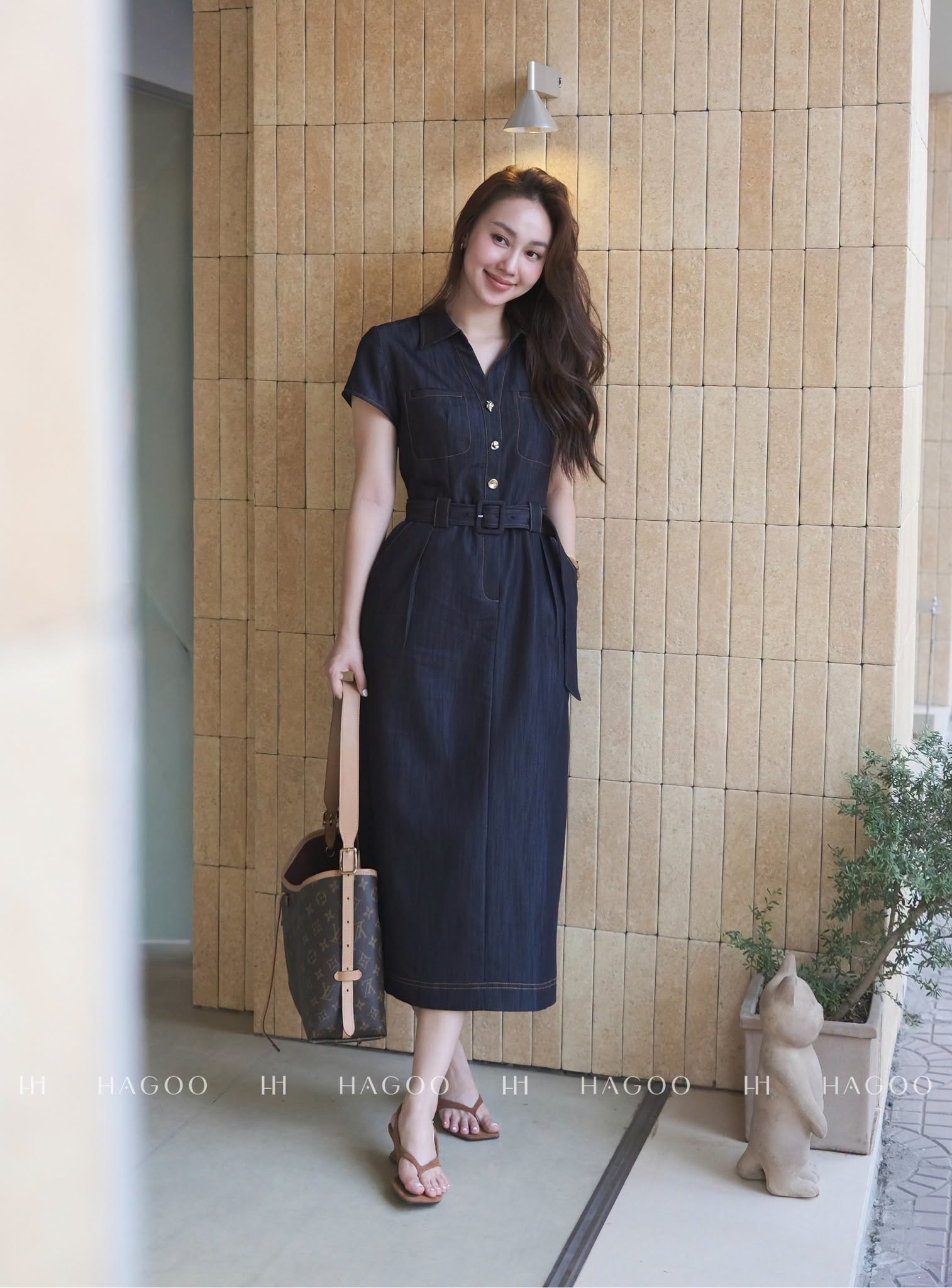 HAGOO V-neck pencil dress with waist belt.