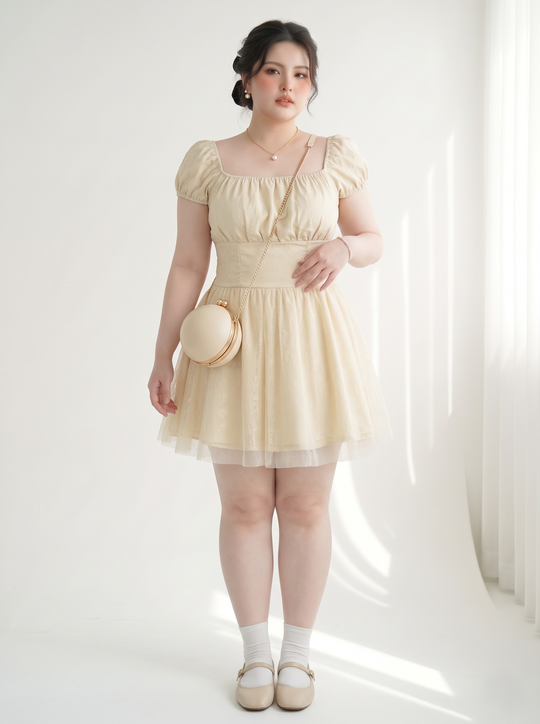 Đầm Ren Hoa Dáng A Bigsize Nữ 3 Lớp Phối Nhún Tạo Độ Phồng Có Lót Cotton Lạnh - Vừa 55–90kg - V-DA243