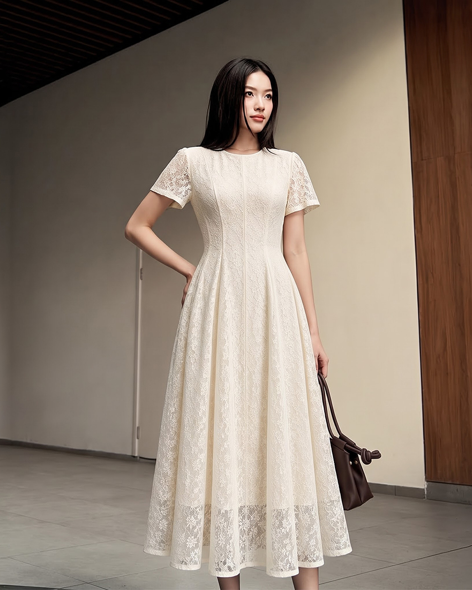 Đầm ren xòe màu kem 26207