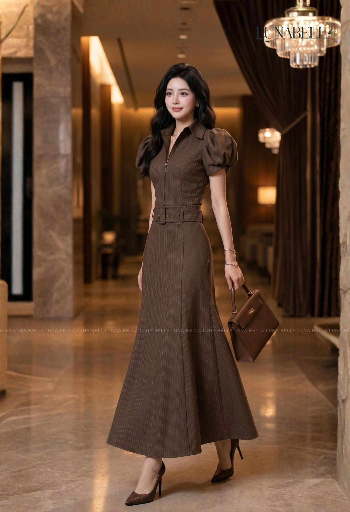 Áo sơ mi tay bồng kéo khoá LYNDSY màu NÂU_thumbnail_1