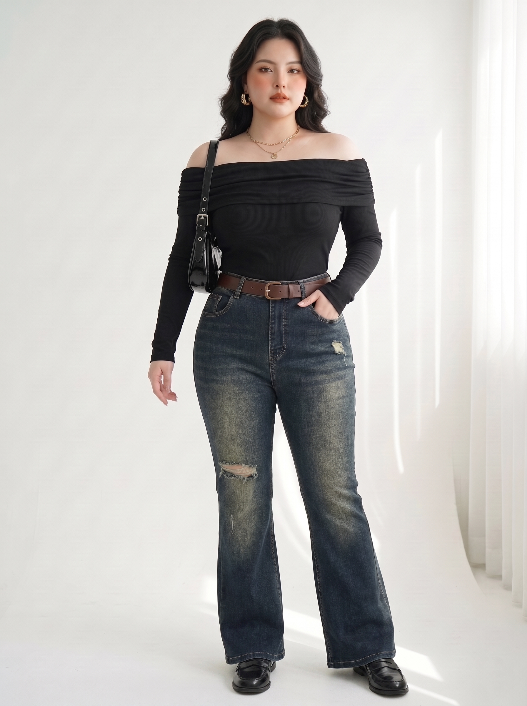 Quần Jean Ống Loe Bigsize Cạp Cao Gọn Bụng Tôn Chân - Xanh Denim Wash - Vừa 55-90kg - V-QJ341