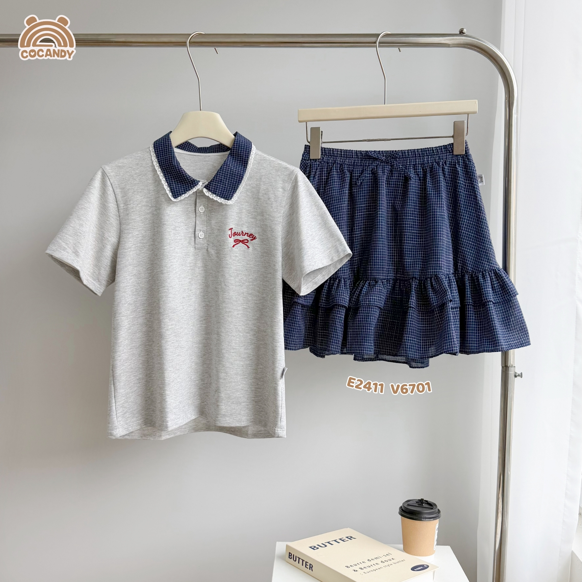 Áo cộc polo XÁM phối cổ caro xanh NỮ_thumbnail_2