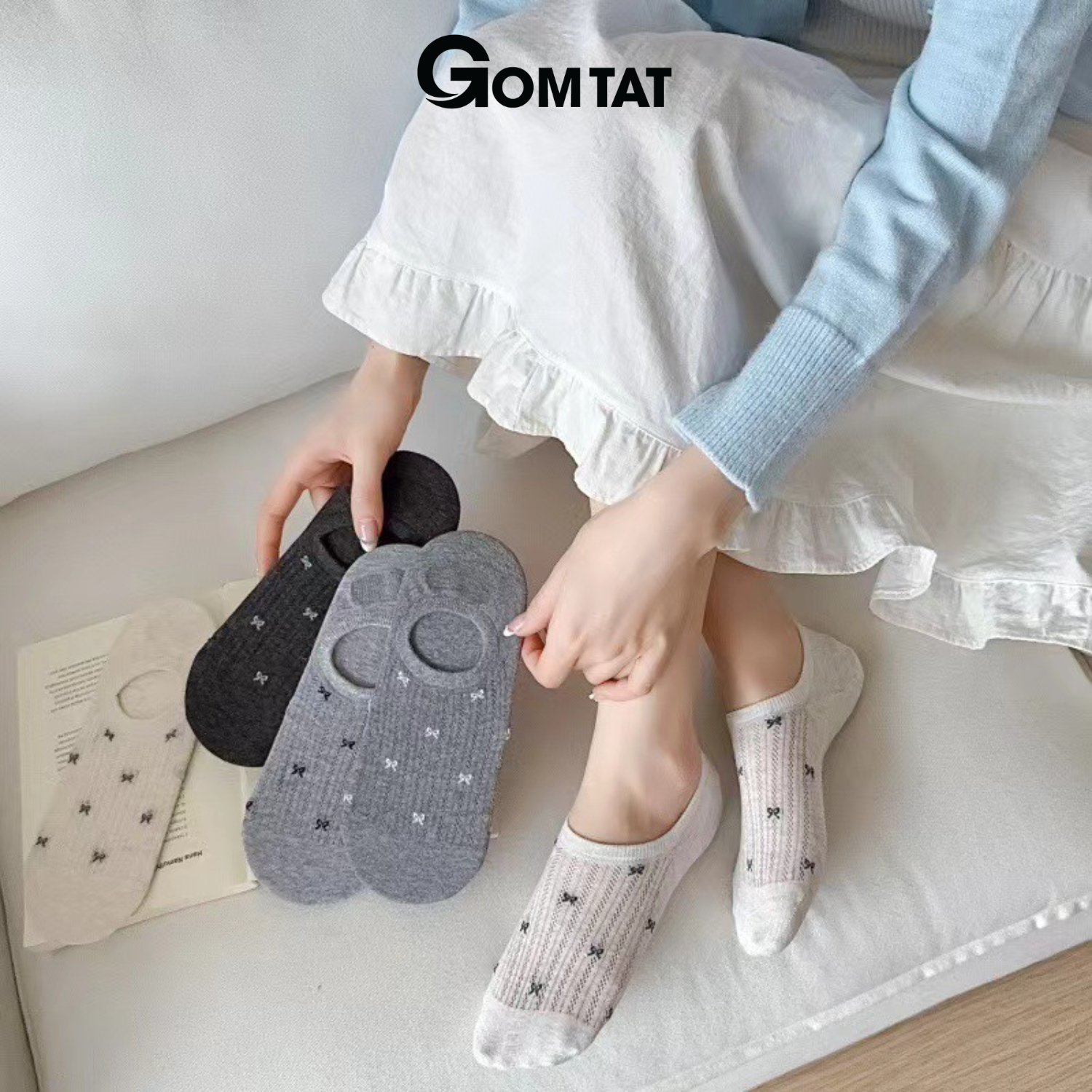 Set 5 đôi tất nữ cổ thấp họa tiết nơ GOMTAT, vớ nữ nơ cute phối lưới thoáng khí, thấm hút mồ hôi - ZFK-A004-CB5_thumbnail_6