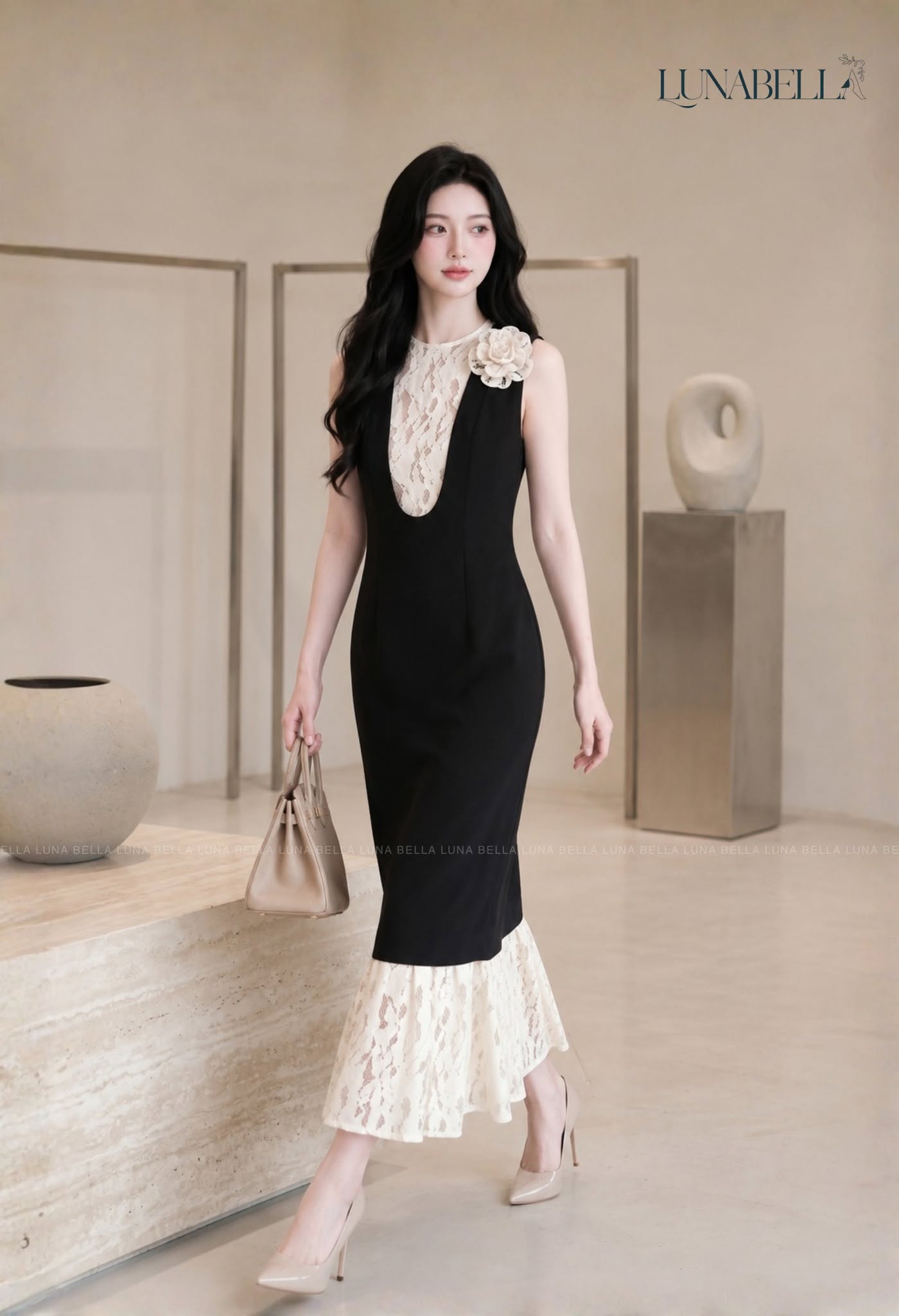Váy dài mix ren kim HESTIA màu ĐEN_thumbnail_1