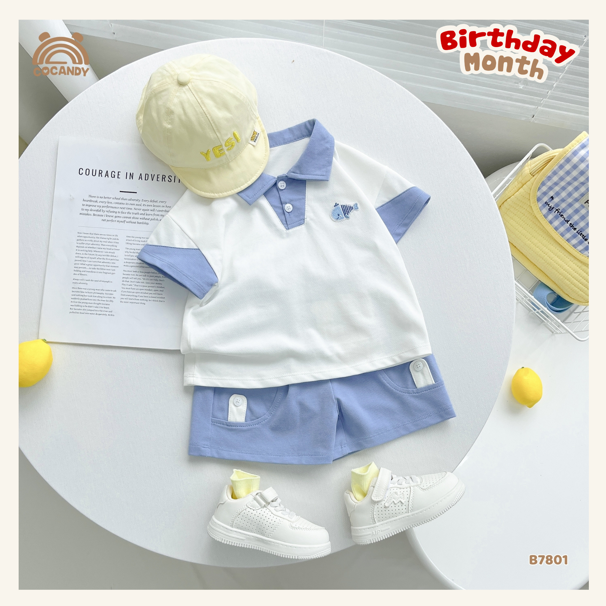 Bộ cộc polo XANH TRẮNG hình thêu cá heo