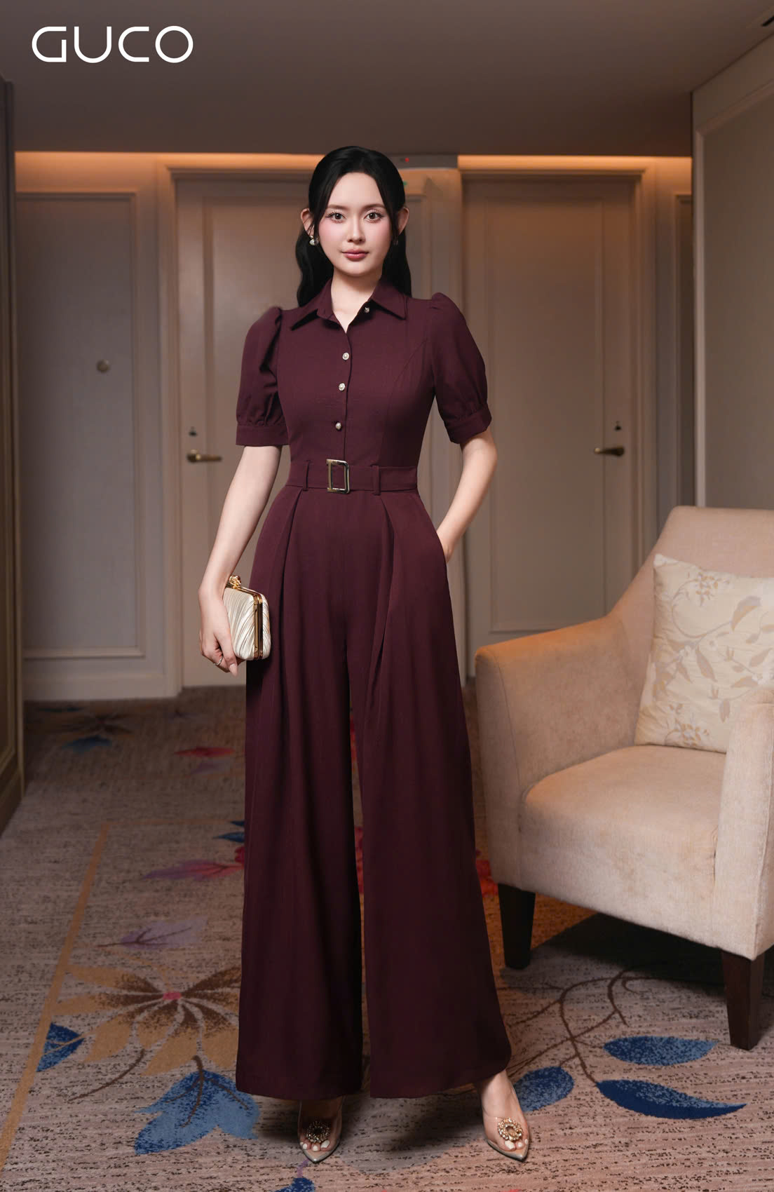 JUMPSUIT CỔ SƠ MI KÈM BELT - ĐÔ