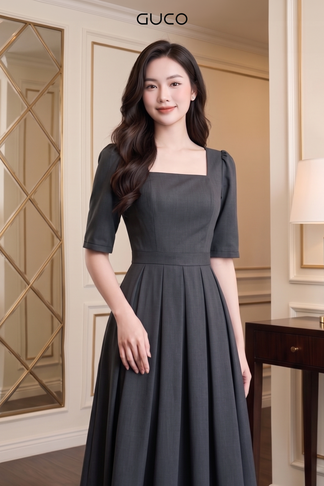 Đầm Xòe Xám Cổ Vuông Tùng Xếp Li_thumbnail_2