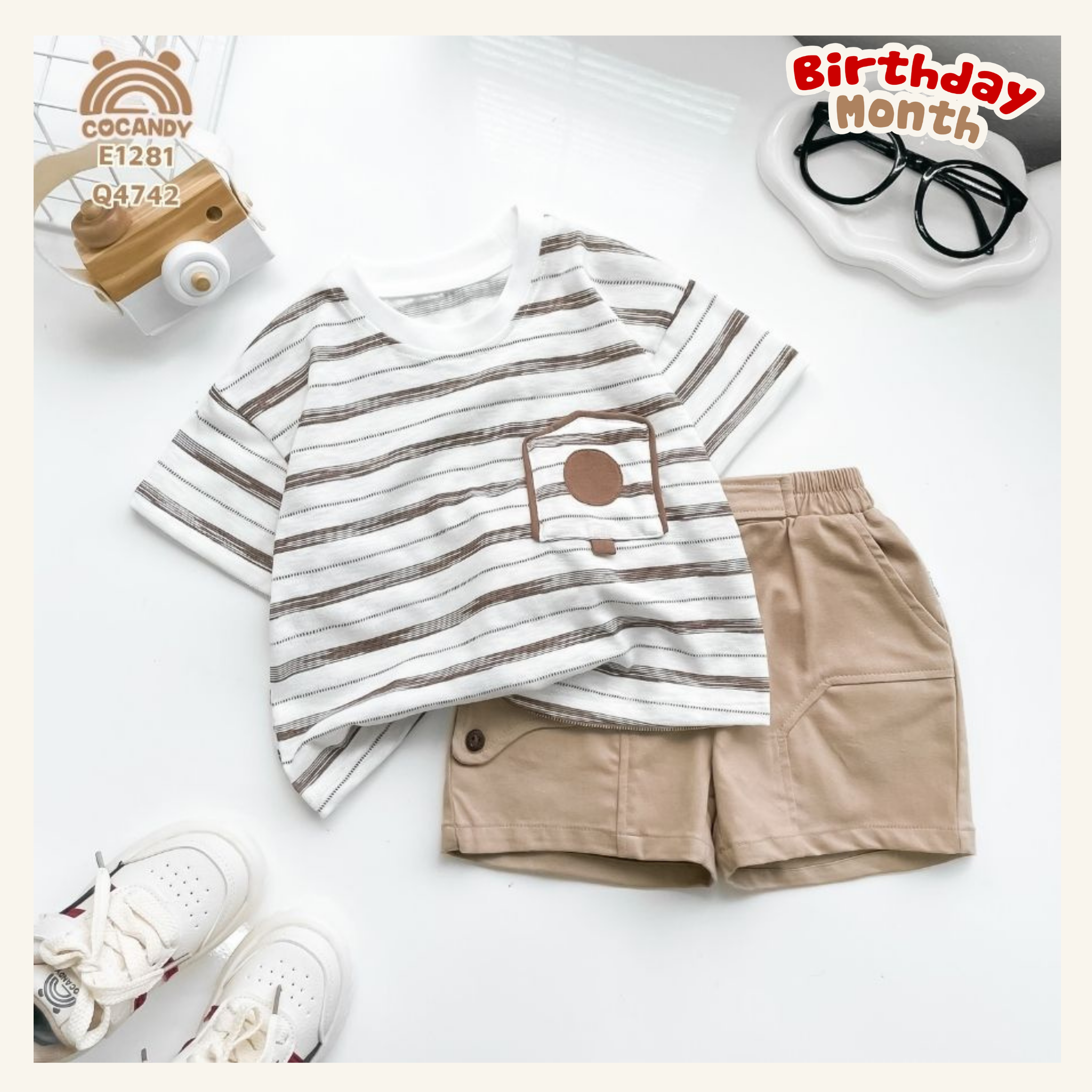 Áo cộc cotton kẻ NÂU BE phối túi ngực hòm thư