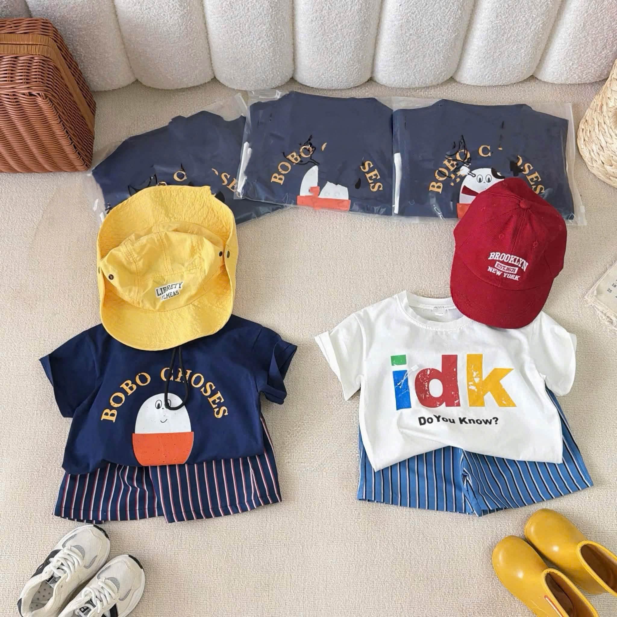 Set 2b cotton trắng xanh kẻ IDK