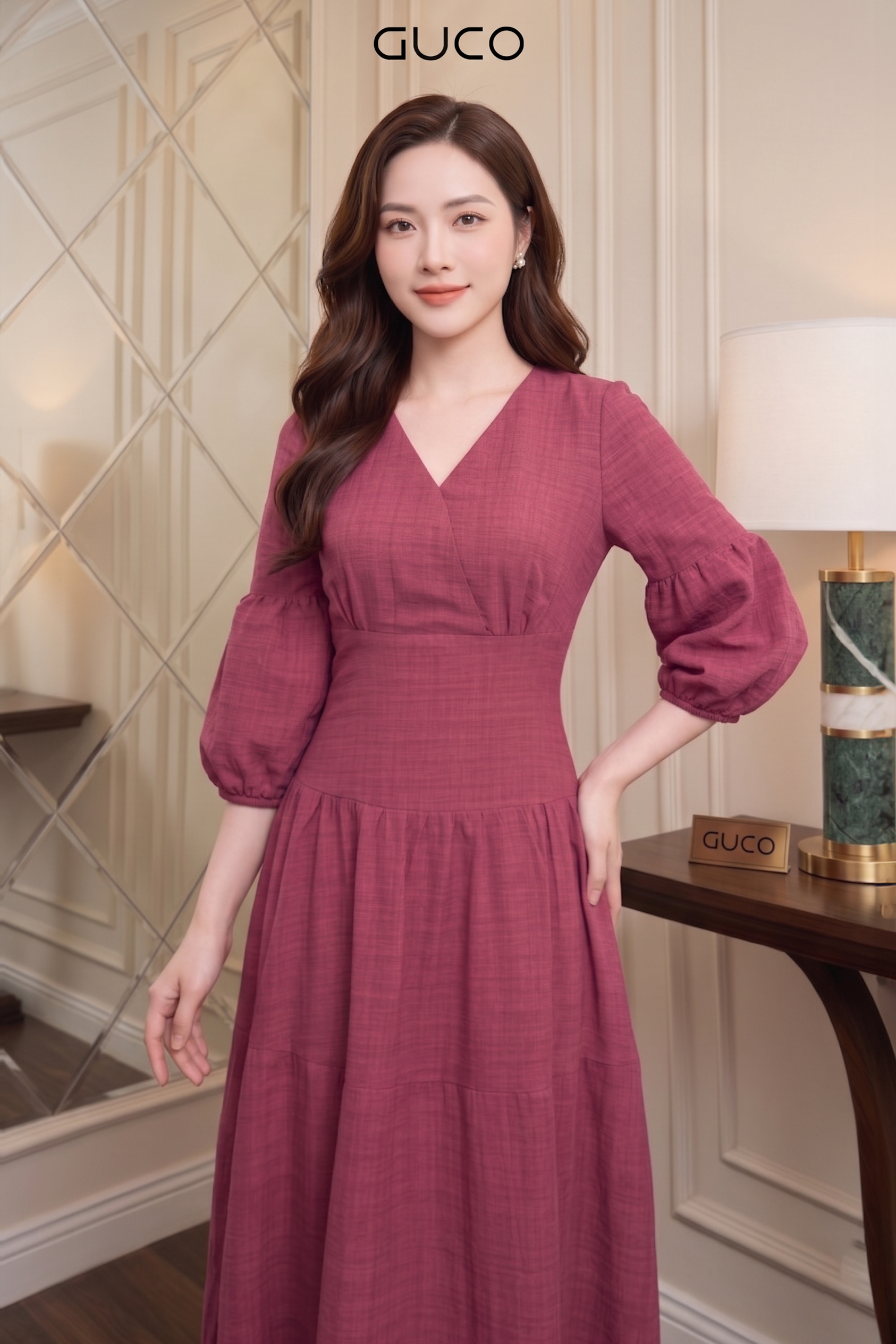 Đầm Midi Hồng Đất Cổ V Tay Dài Phồng Bo Chun_thumbnail_2
