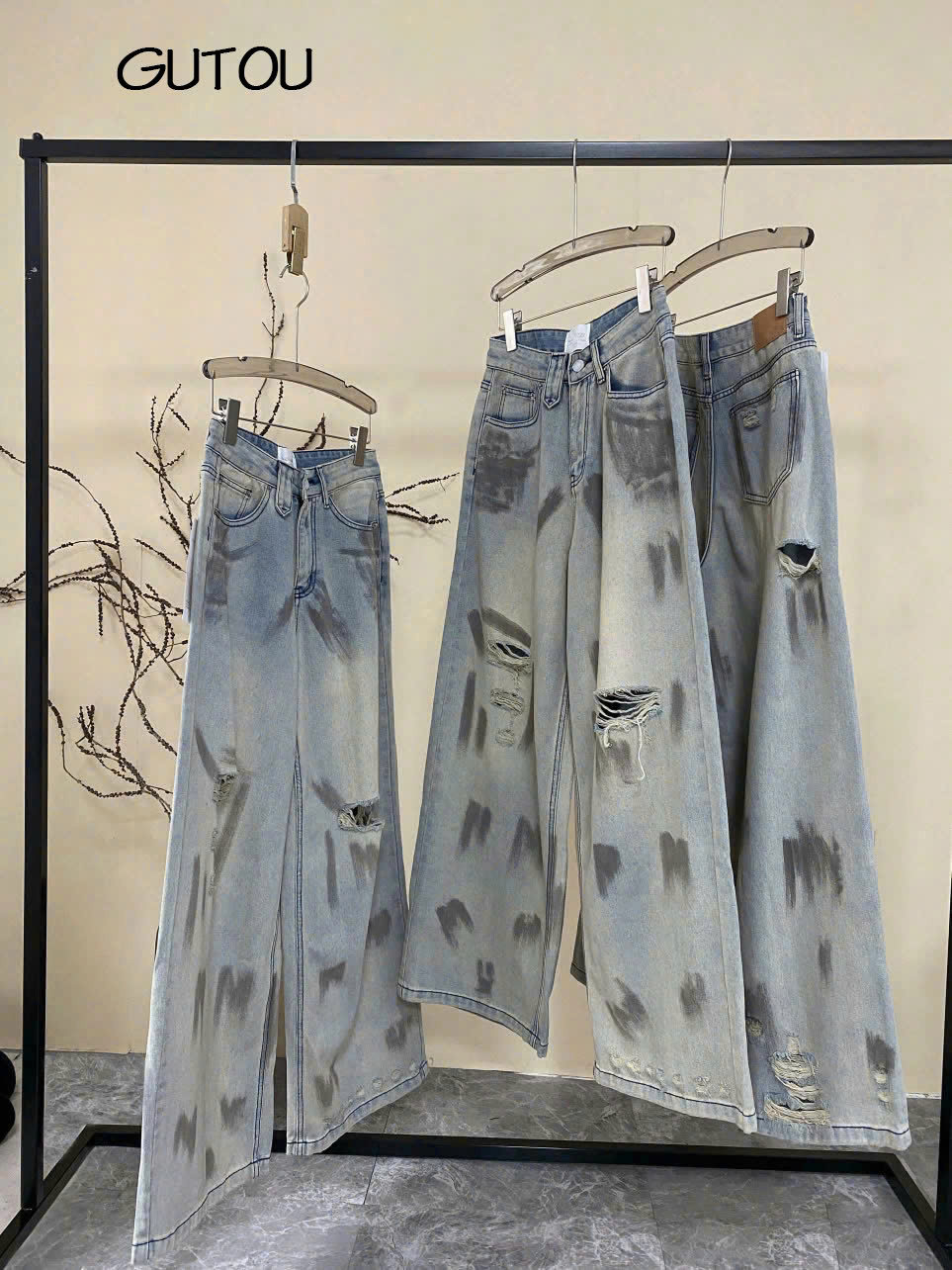 [ GUTOU ] Quần Jean Suông Wash Vệt Xám Rách Gối Street Style_thumbnail_3