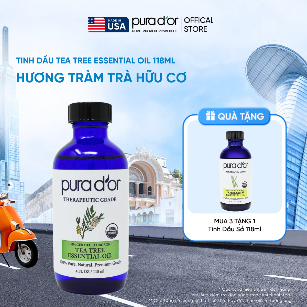 Tinh Dầu Tràm Trà Hữu Cơ Pura D'or Therapeutic Grade Tea Tree Essential Oil 118ml