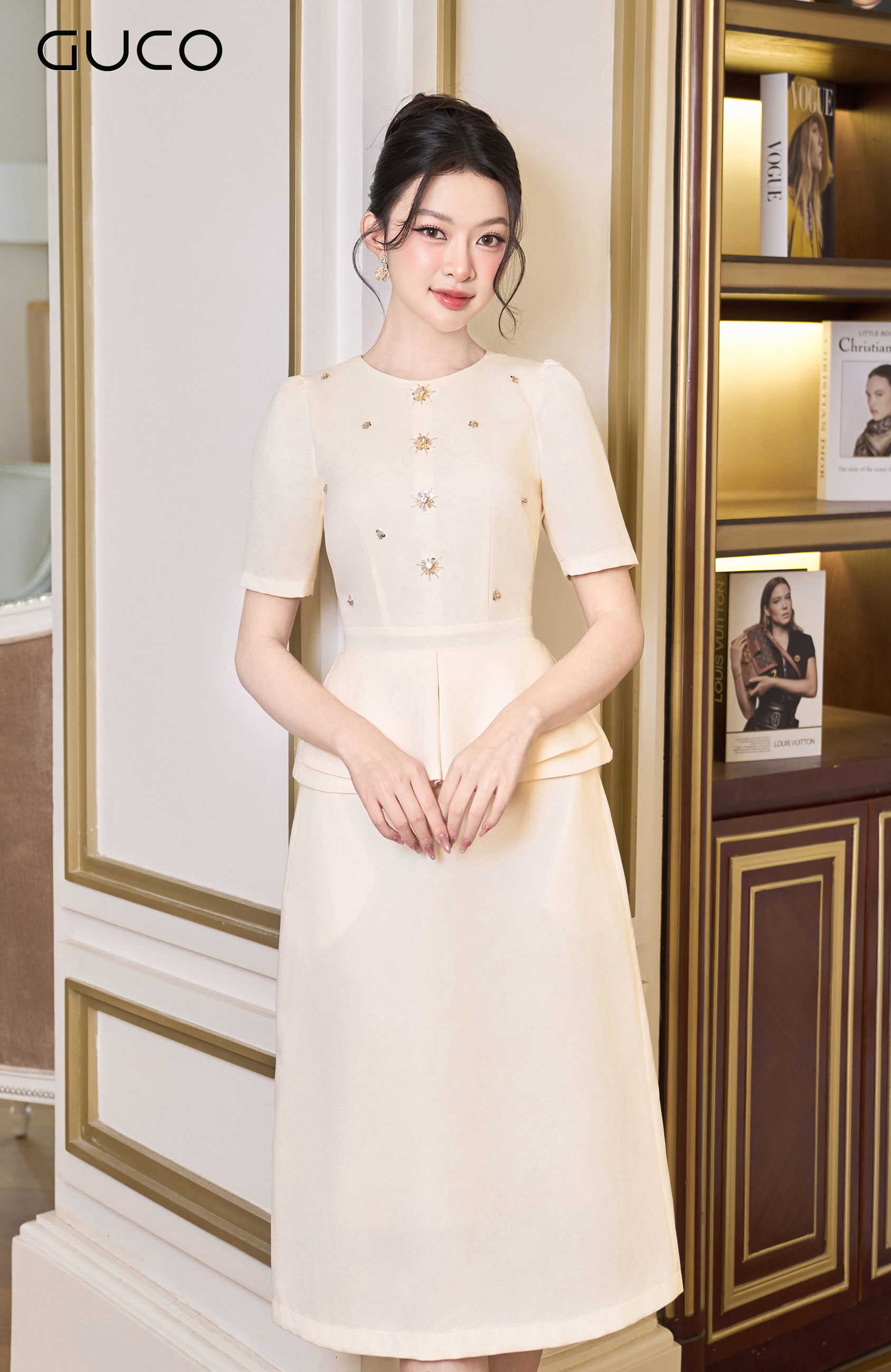 GUCO Đầm Peplum Kem Đính Đá Sang Trọng_thumbnail_2