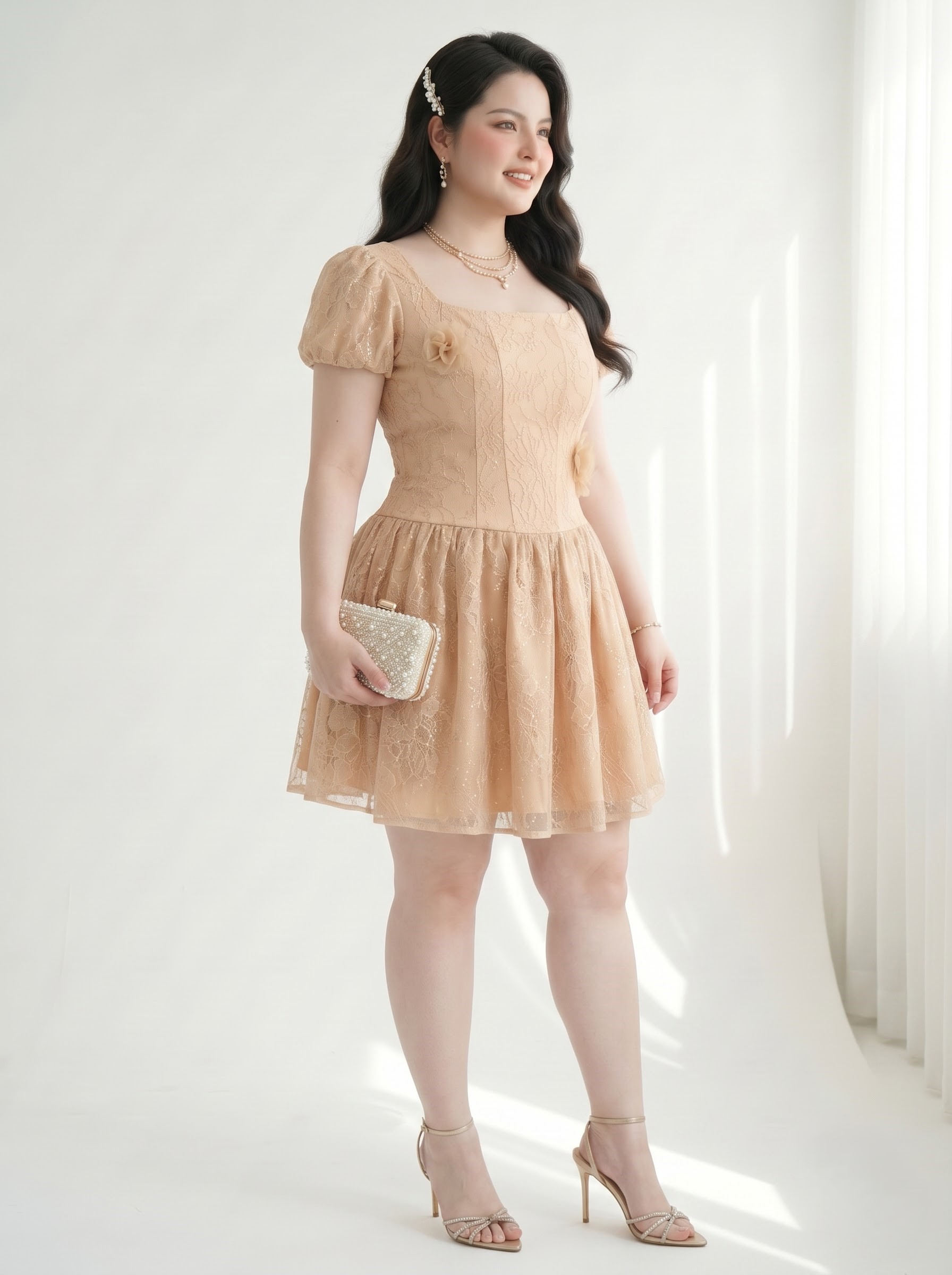 Đầm Ren Kim Tuyến 3 Lớp Bigsize Cổ Vuông Tạo Eo Tùng Phồng Dự Tiệc - Vừa 55–90kg - V-DA236