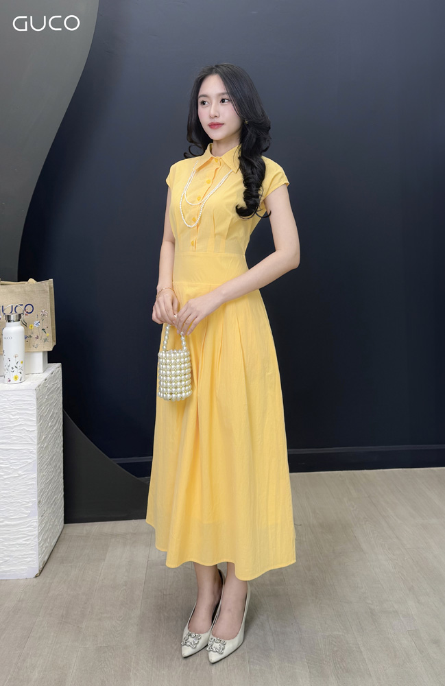 ĐẦM SƠ MI TAY CON XẾP LY EO - VÀNG_thumbnail_1