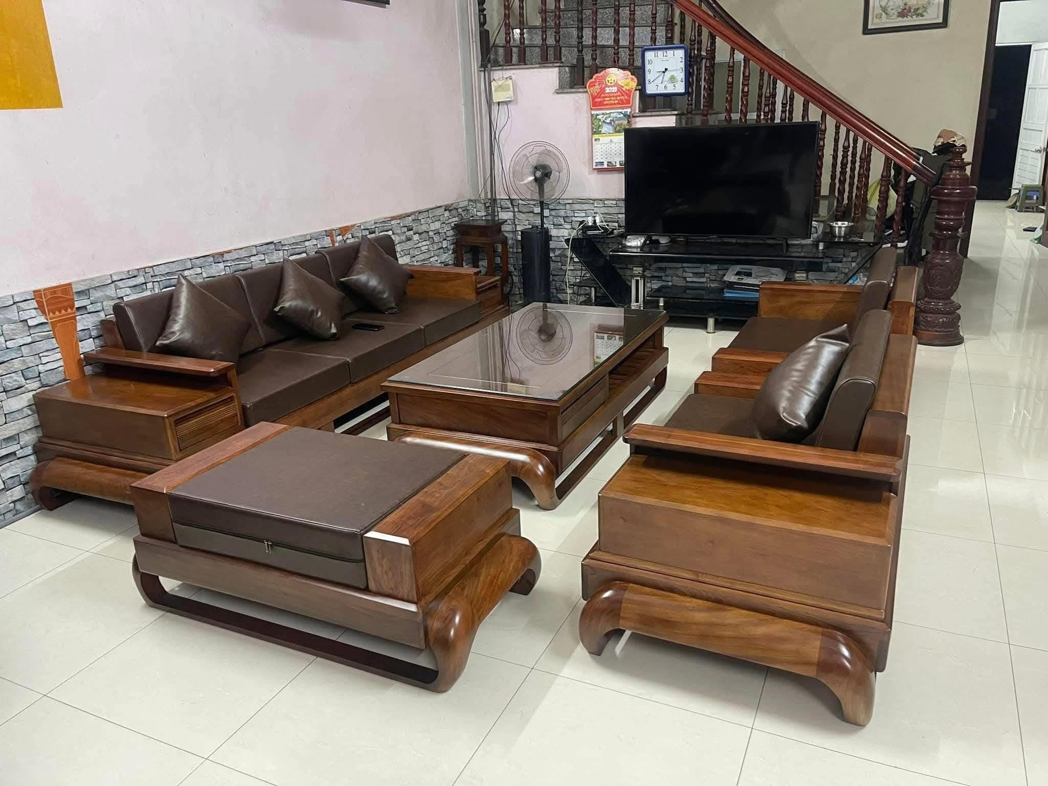 Sofa đối chân gà màu sơn ấm, đệm màu xám